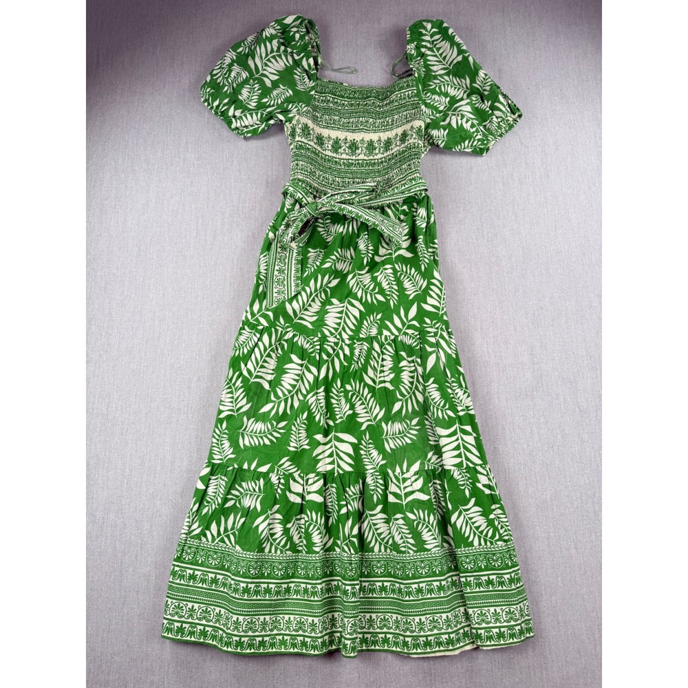 Kaktus Green White Floral Smocked Maxi Dress XL Puff Sleeve Tiered Cotton